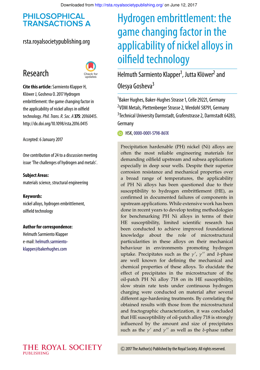 PDF) Hydrogen embrittlement: The game changing factor in the 