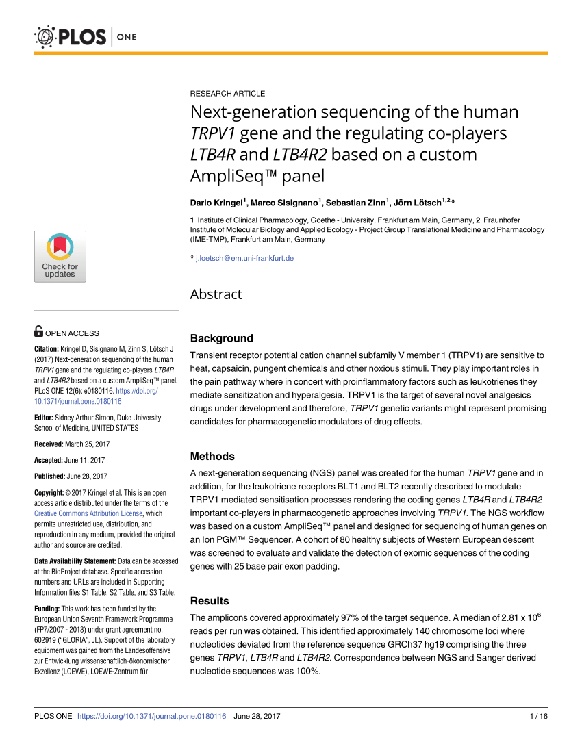 Frontiers  Development of an AmpliSeqTM Panel for Next-Generation  Sequencing of a Set of Genetic Predictors of Persisting Pain