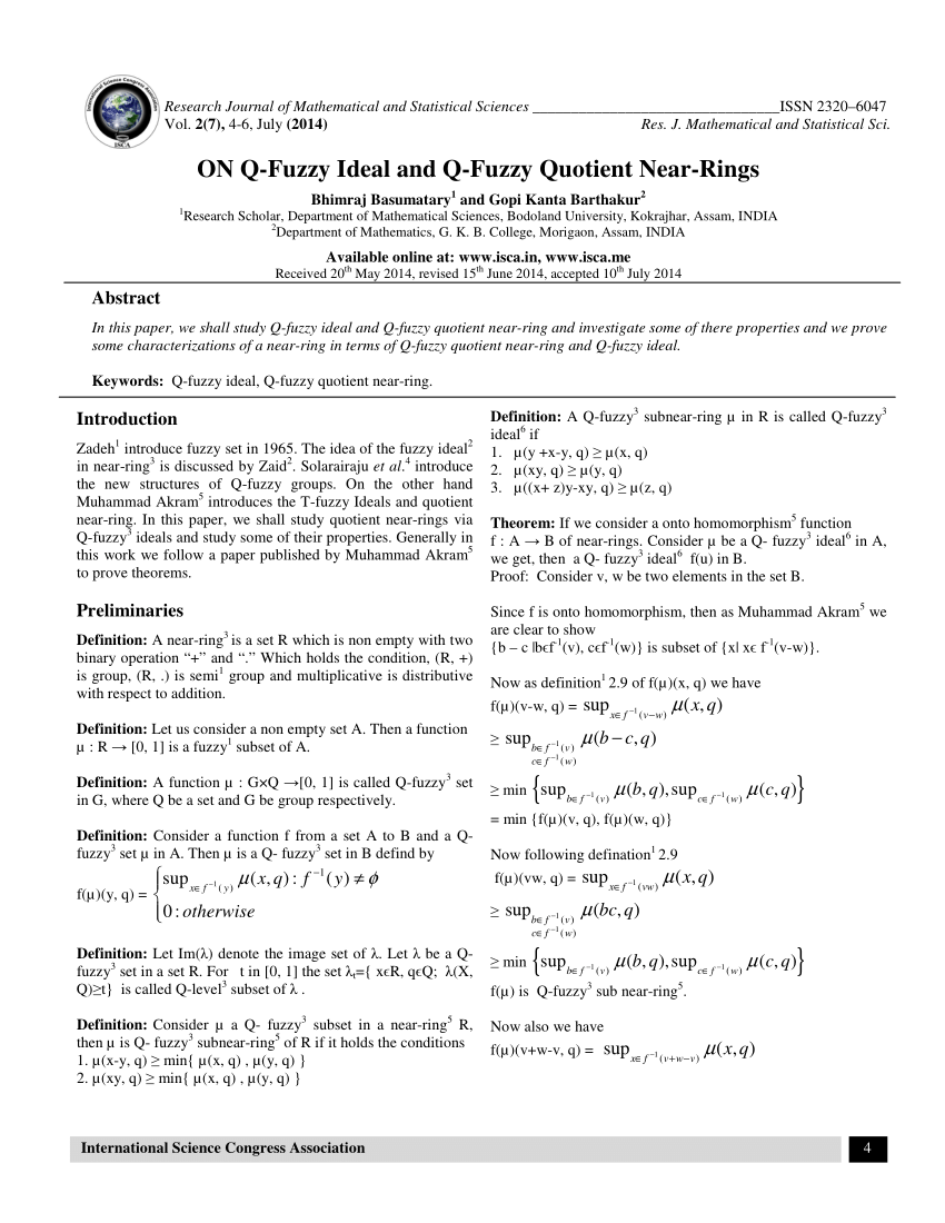 Pdf On Q Fuzzy Ideal And Q Fuzzy Quotient Near Rings