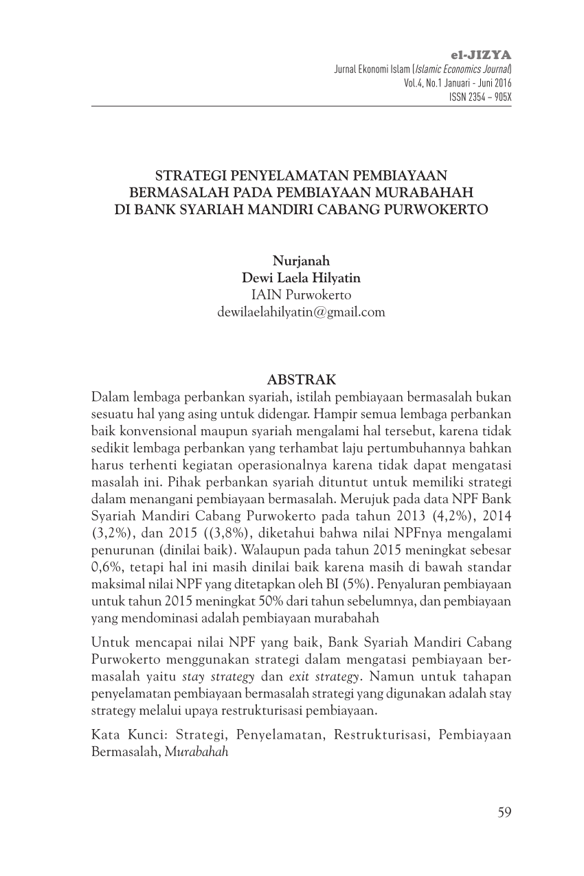Pdf Strategi Penyelamatan Pembiayaan Bermasalah Pada Pembiayaan Murabahah Di Bank Syariah 8933
