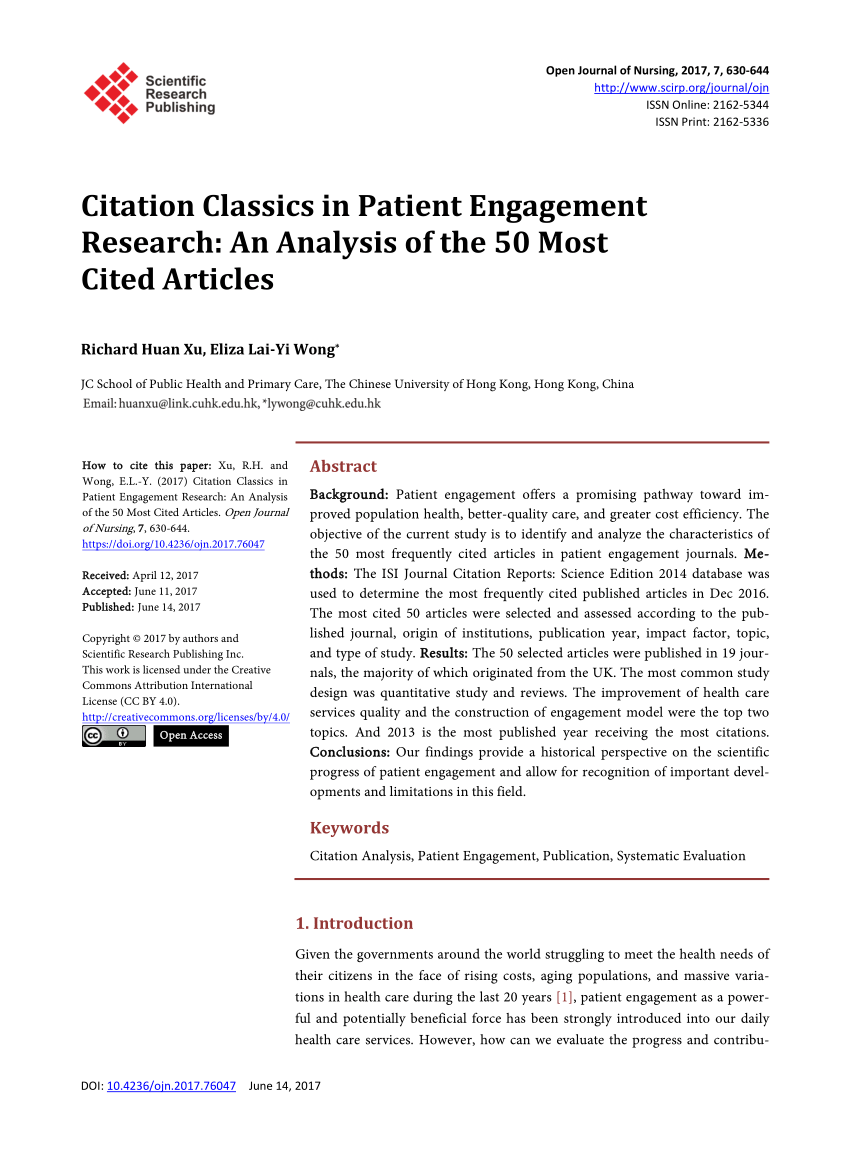 Pdf Citation Classics In Patient Engagement Research An Analysis Of The 50 Most Cited Articles