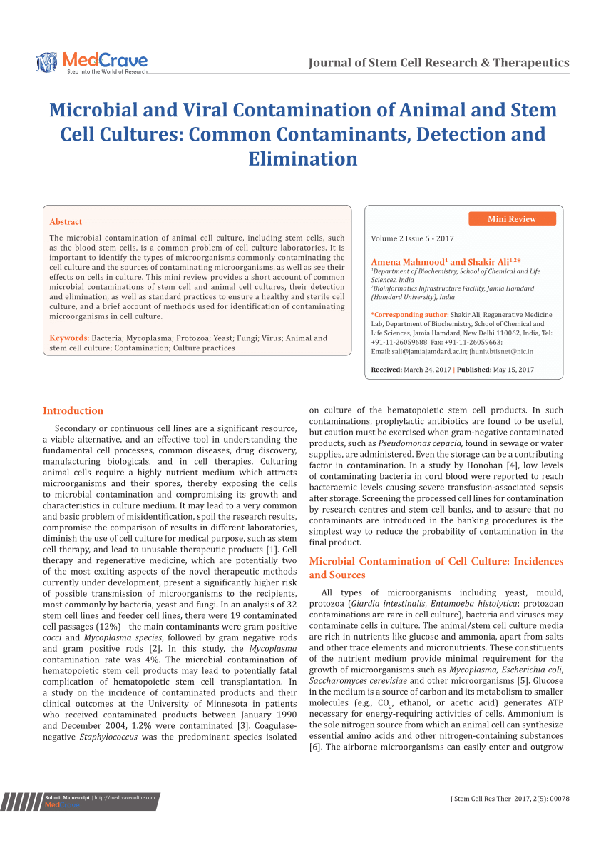 PDF) Microbial and Viral Contamination of Animal and Stem Cell Cultures:  Common Contaminants, Detection and Elimination