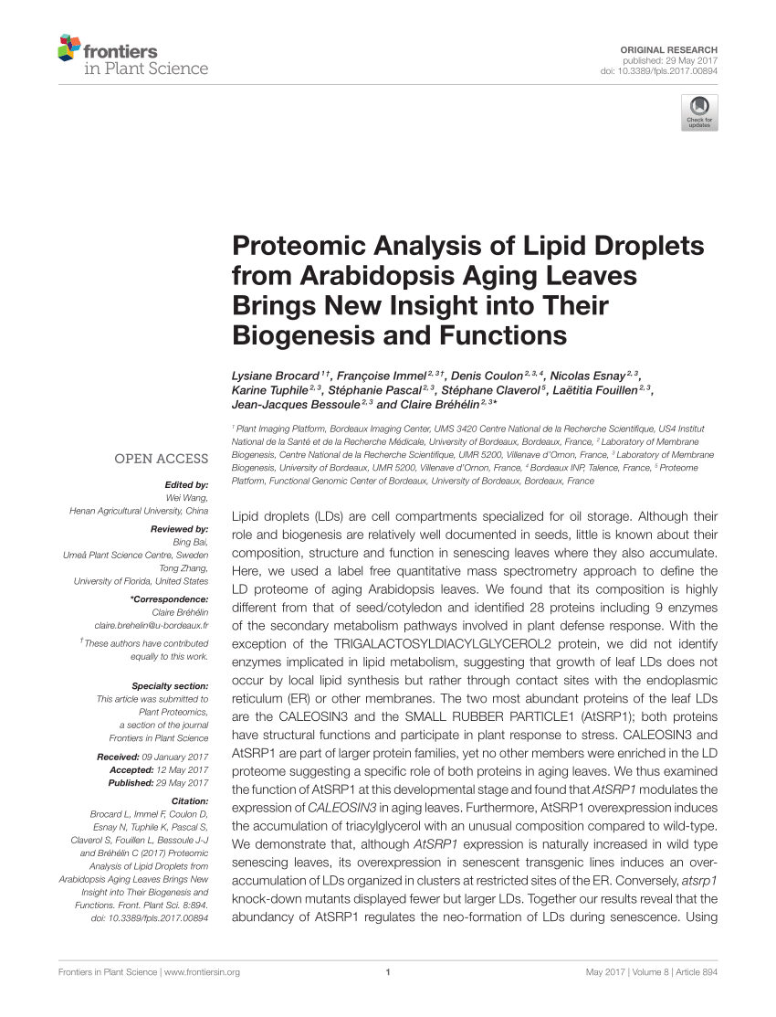 PDF) Proteomic Analysis of Lipid Droplets from Arabidopsis Aging ...