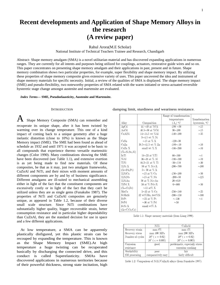 research paper on shape memory alloy