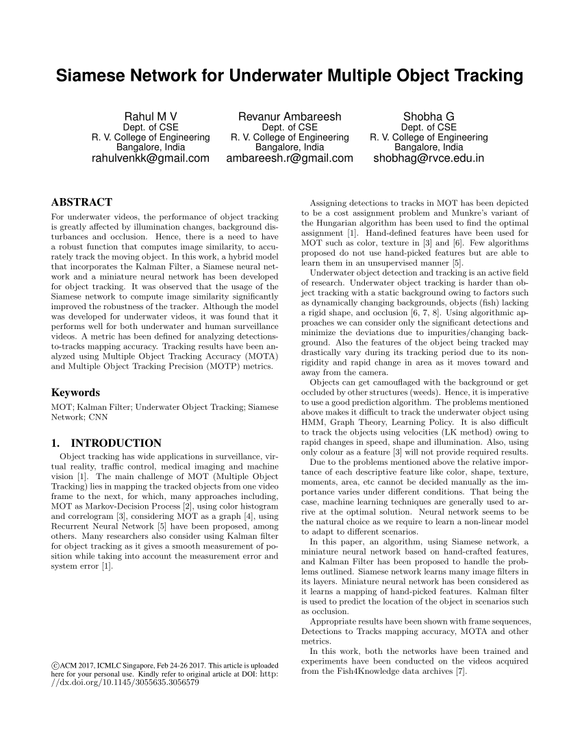 Pdf Siamese Network For Underwater Multiple Object Tracking