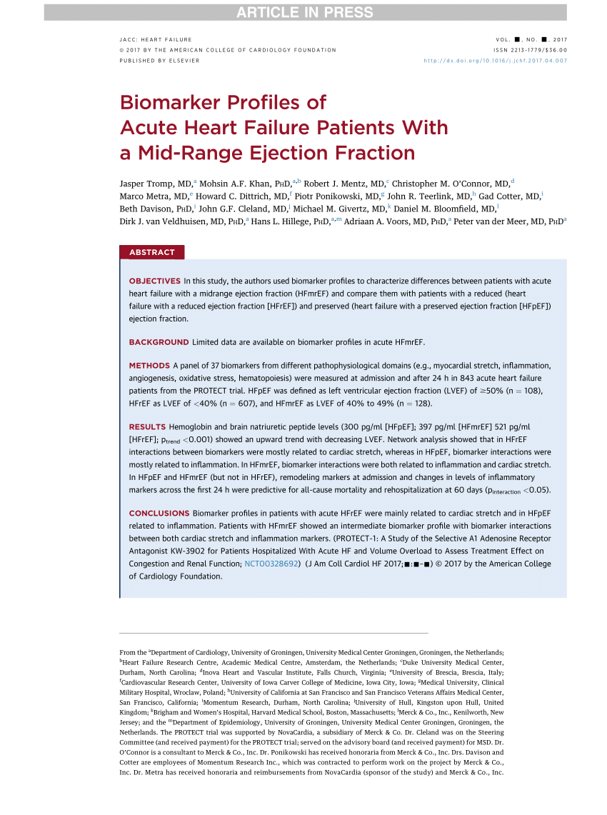 Pdf Biomarker Profiles Of Acute Heart Failure Patients With A Mid Range Ejection Fraction