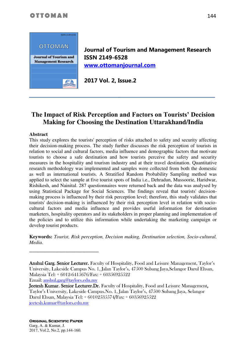 PDF) The Impact of Risk Perception and Factors on Tourists ...