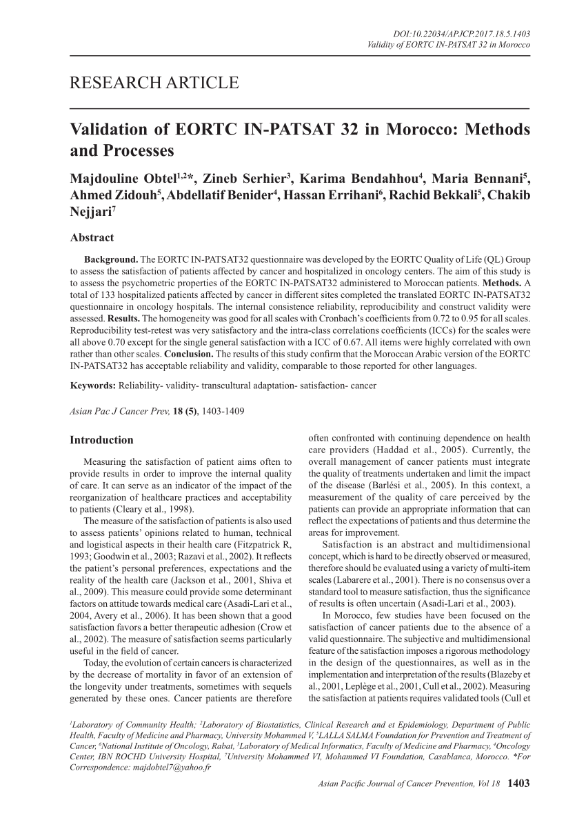 (PDF) Validation of EORTC IN-PATSAT 32 in Morocco: Methods and processes
