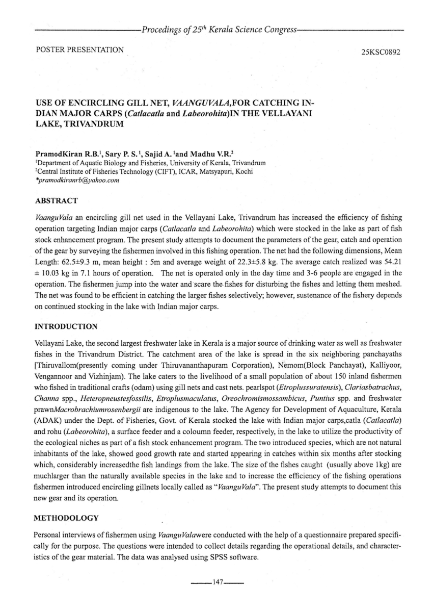 PDF) USE OF ENCIRCLING GILL NET, VAANGUVALA, FOR CATCHING INDIAN MAJOR  CARPS (Catla catla and Labeo rohita) IN THE VELLAYANI LAKE TRIVANDRUM