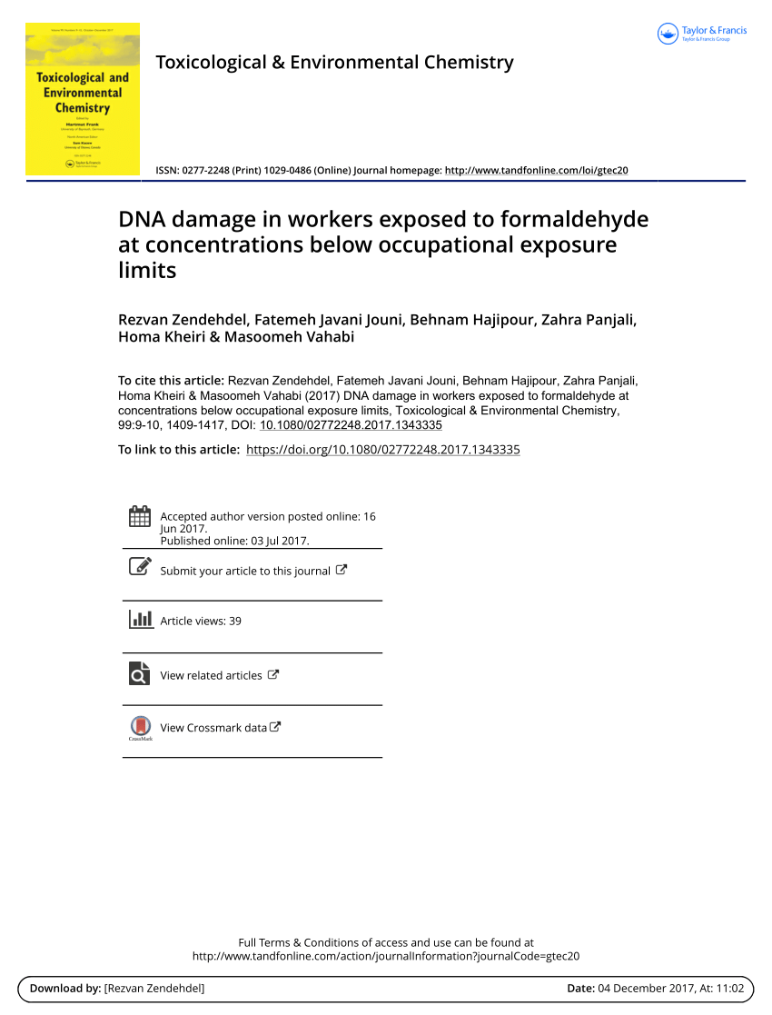 PDF DNA Damage in Workers Exposed to Formaldehyde at  