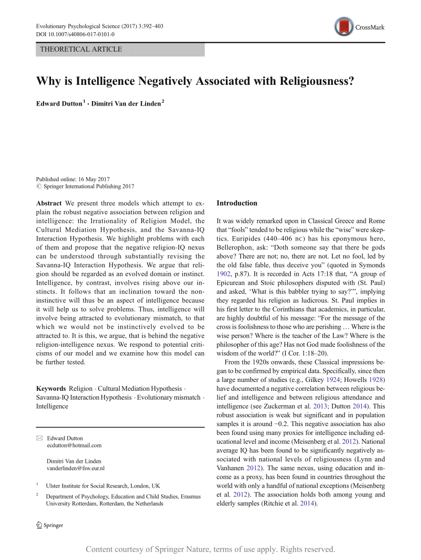 Why Is Intelligence Negatively Associated With Religiousness Request Pdf