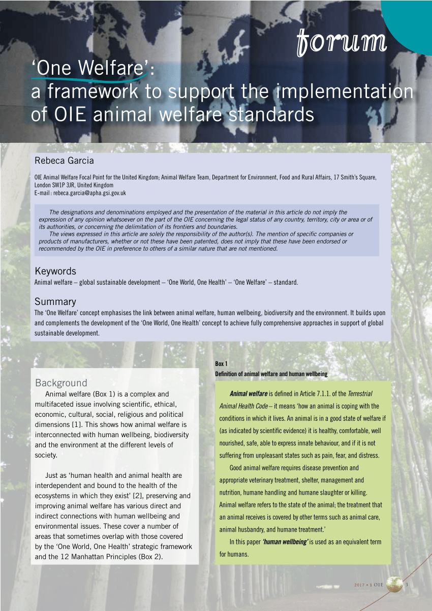 PDF) 'One Welfare': a framework to support the implementation of OIE animal  welfare standards