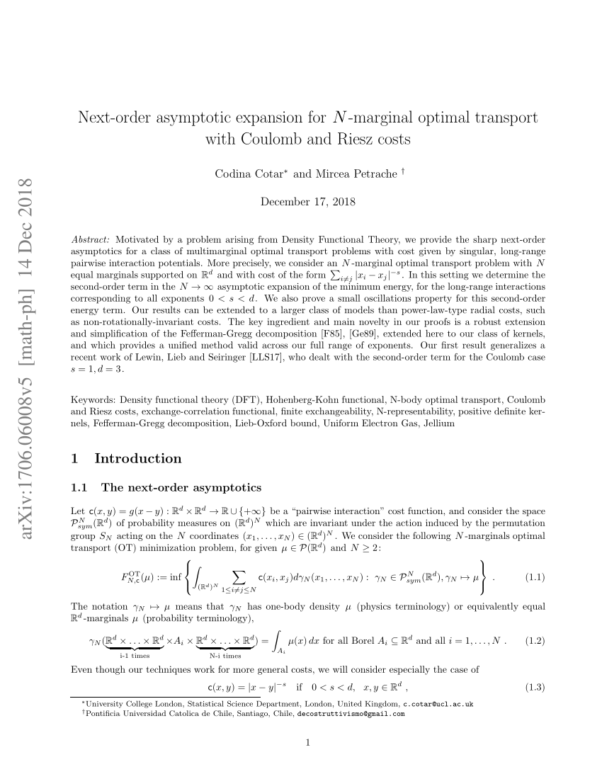 Pdf Next Order Asymptotic Expansion For N Marginal Optimal Transport With Coulomb And Riesz Costs