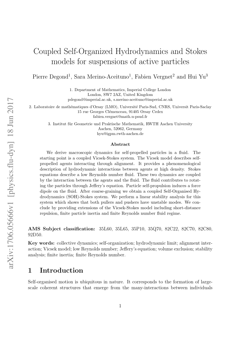 Pdf Coupled Self Organized Hydrodynamics And Stokes Models For Suspensions Of Active Particles