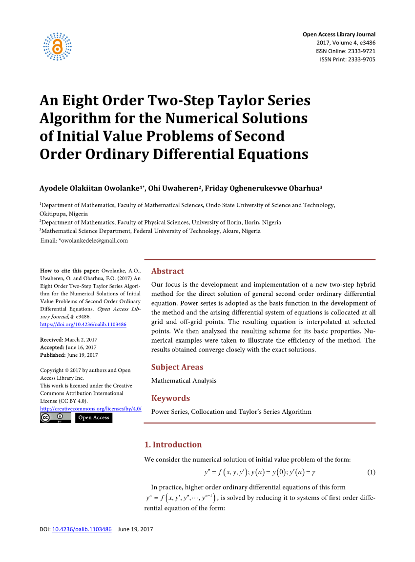 Pdf An Eight Order Two Step Taylor Series Algorithm For The Numerical Solutions Of Initial Value Problems Of Second Order Ordinary Differential Equations