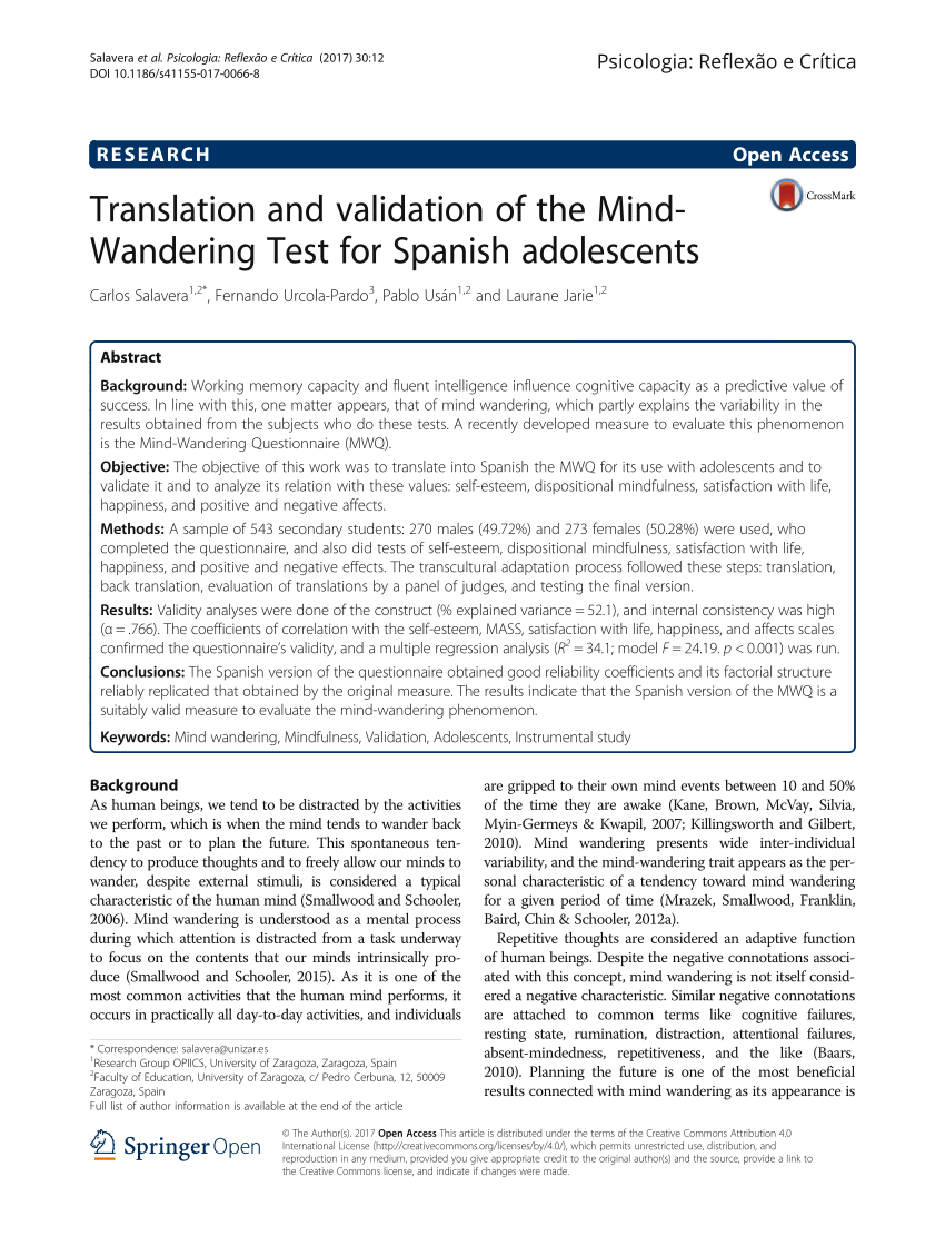 Pdf Translation And Validation Of The Mind Wandering Test For Spanish Adolescents