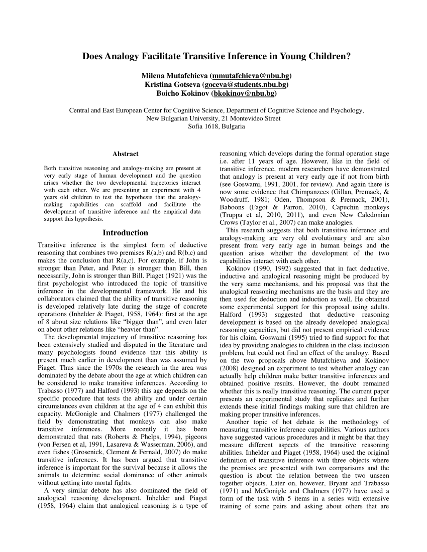 PDF Does Analogy Facilitate Transitive Inference in Young Children