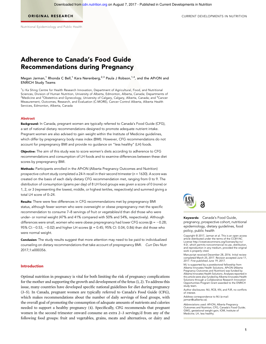 (PDF) Adherence to Canada's Food Guide Recommendations during Pregnancy