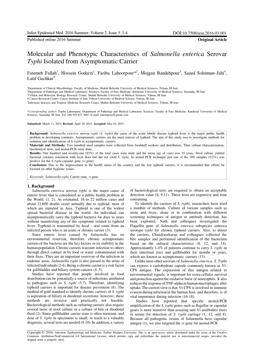 Pdf Molecular And Phenotypic Characteristics Of Salmonella Enterica Serovar Typhi Isolated From Asymptomatic Carrier