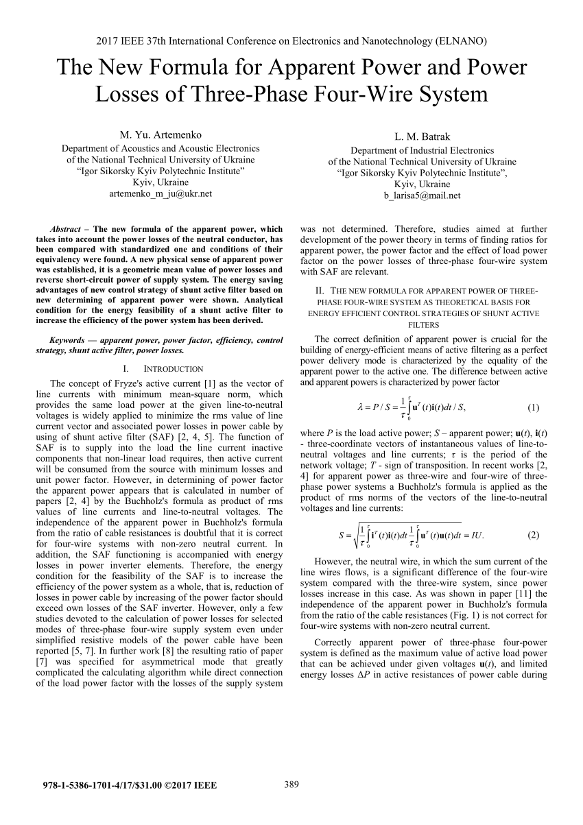 Pdf The New Formula For Apparent Power And Power Losses Of Three Phase Four Wire System