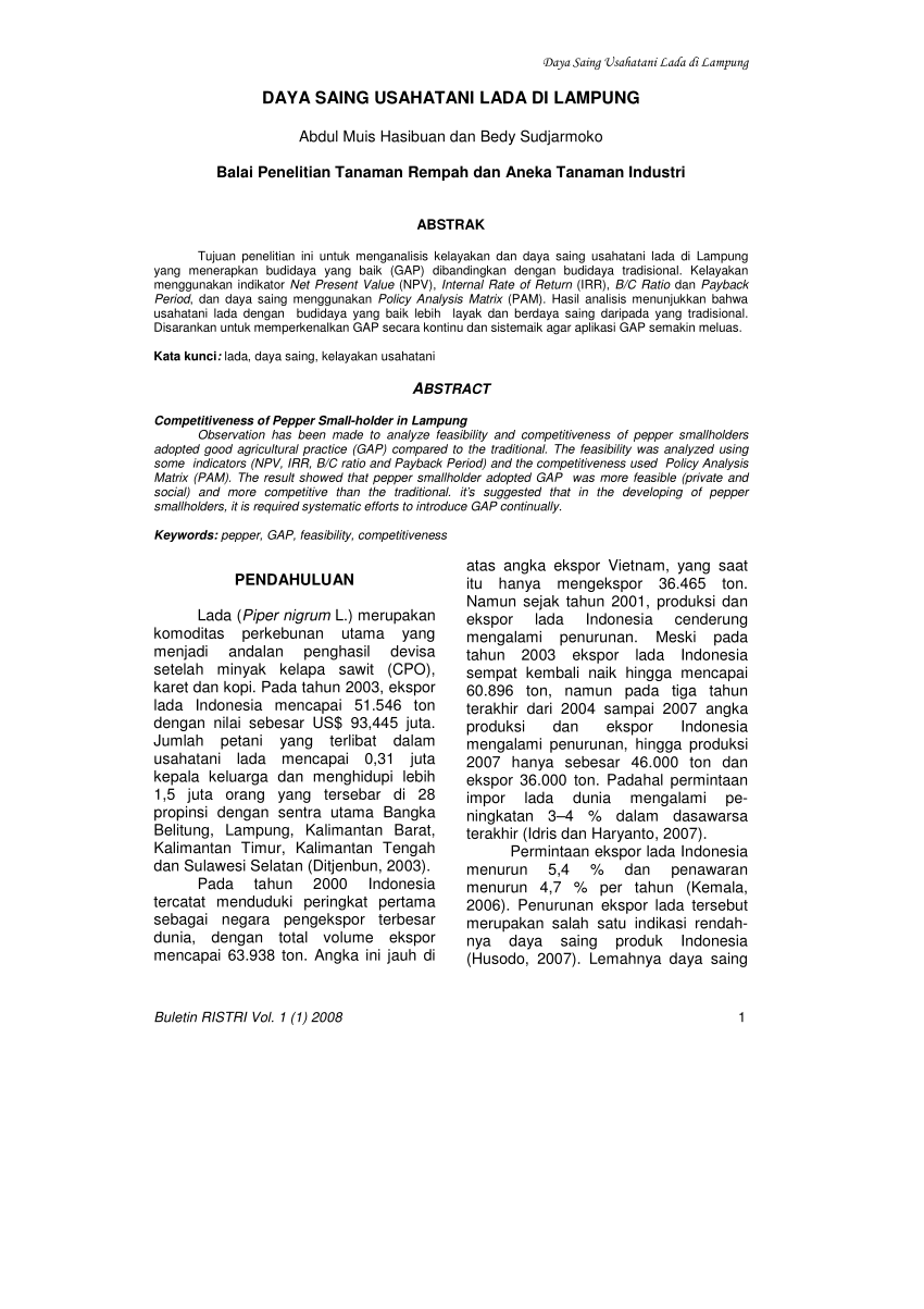 Pdf Daya Saing Usahatani Lada Di Lampung