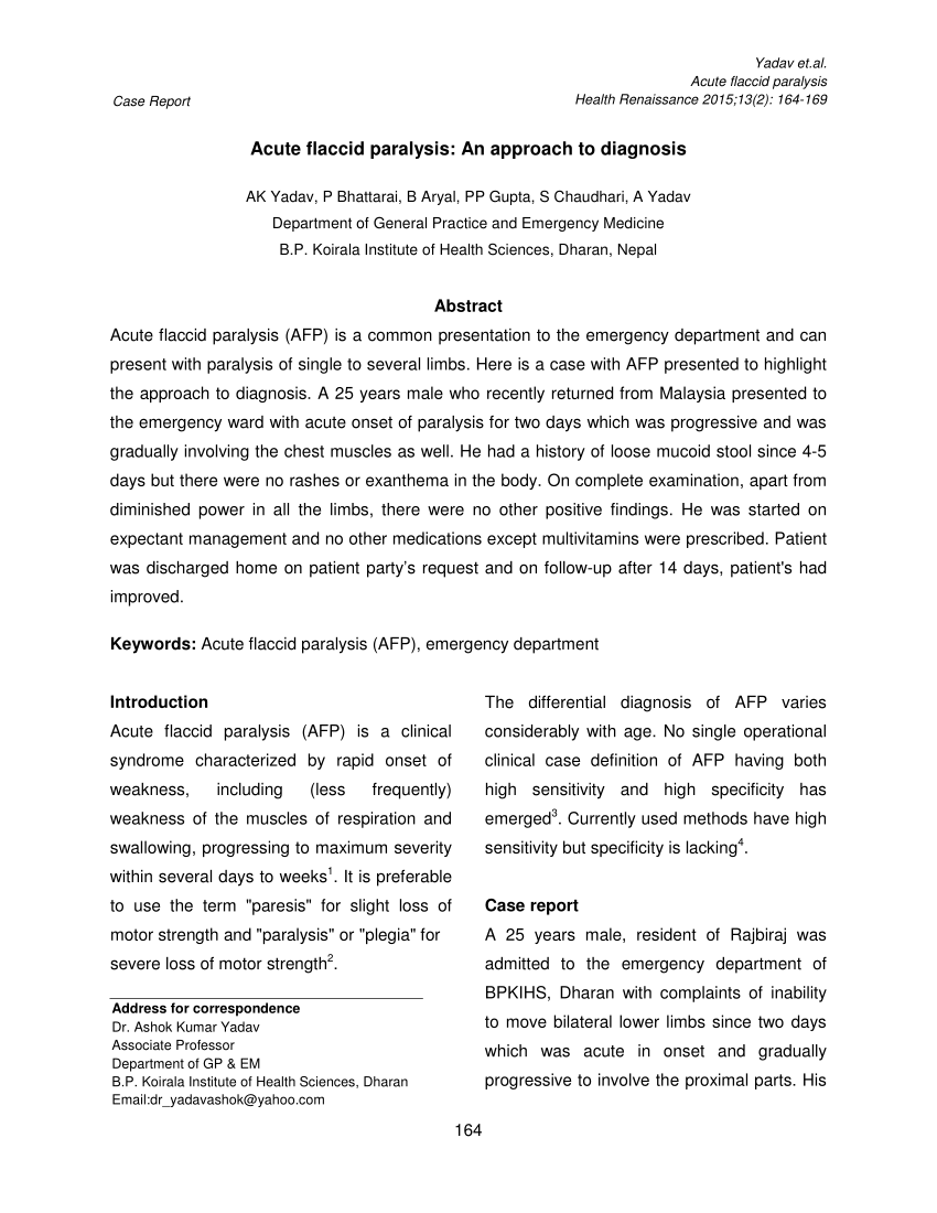 Pdf Acute Flaccid Paralysis An Approach To Diagnosis