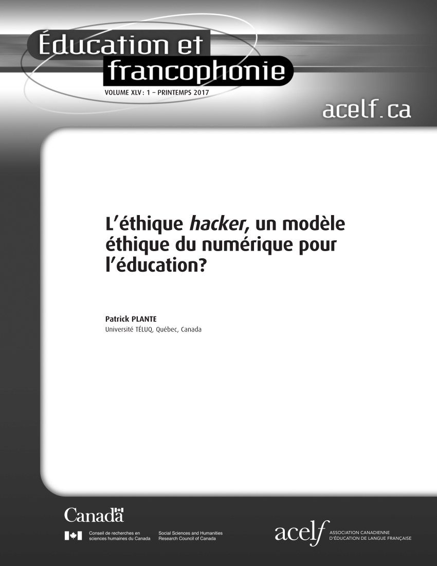 Pdf L Ethique Hacker Un Modele Ethique Du Numerique Pour L Education