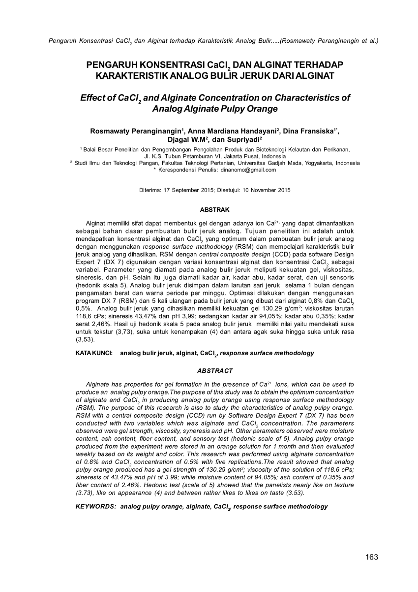 PDF Pengaruh Konsentrasi CaCl2 Dan Alginat Terhadap Karakteristik