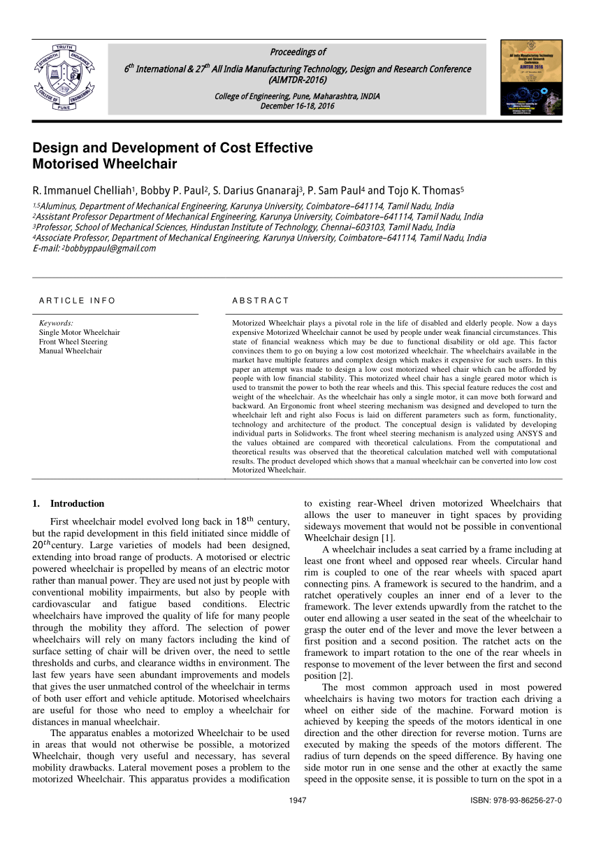 Pdf Design And Development Of Cost Effective Motorised Wheelchair