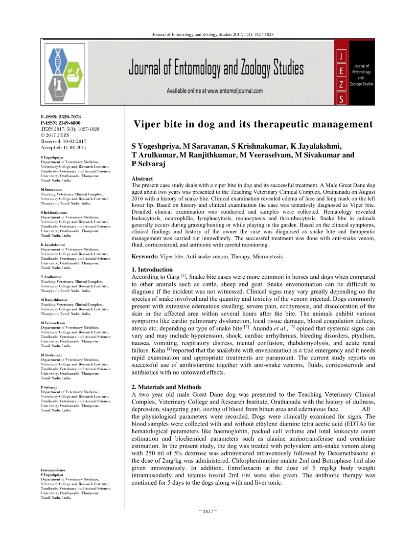 Pdf Viper Bite In Dog And Its Therapeutic Management