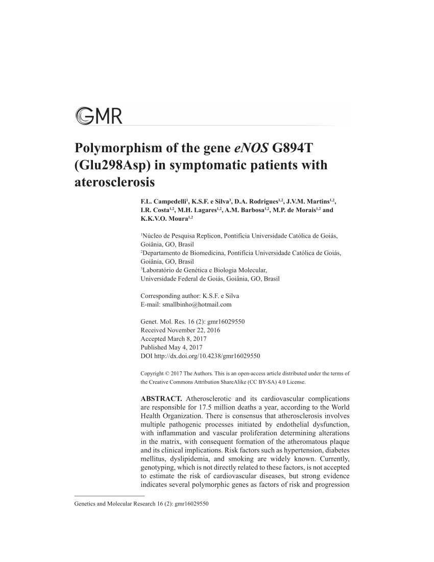 Pdf Polymorphism Of The Gene Enos G4t Glu298asp In Symptomatic Patients With Aterosclerosis