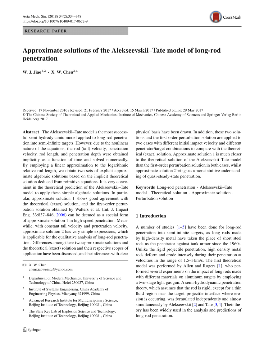 Pdf Approximate Solutions Of The Alekseevskii Tate Model Of Long Rod Penetration