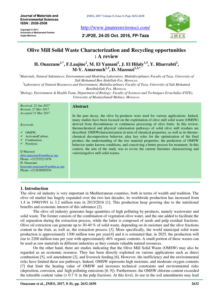 Pdf Olive Mill Solid Waste Characterization And Recycling Opportunities A Review