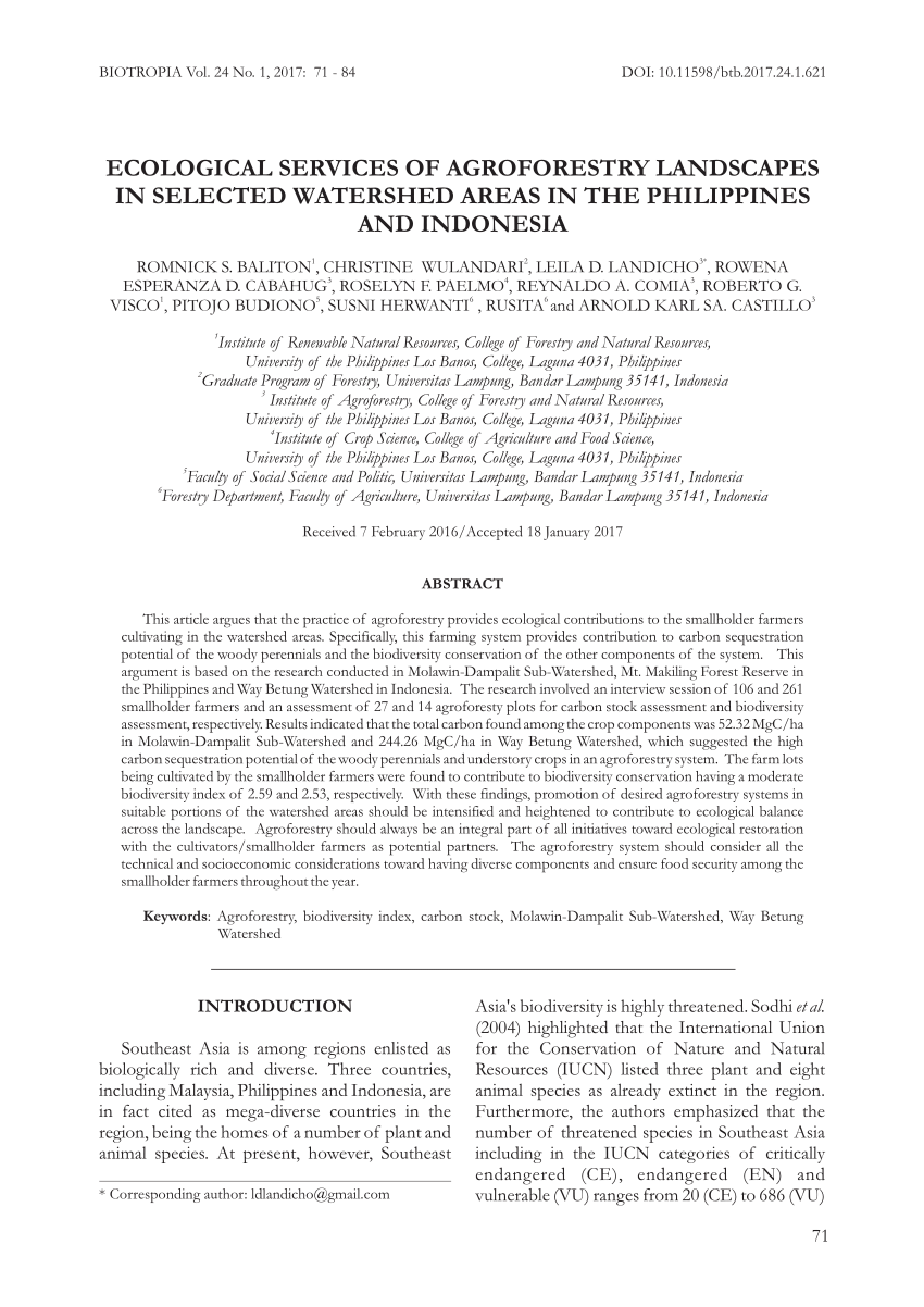 PDF) Ecological services of agroforestry landscapes in selected watershed  areas in the Philippines and Indonesia