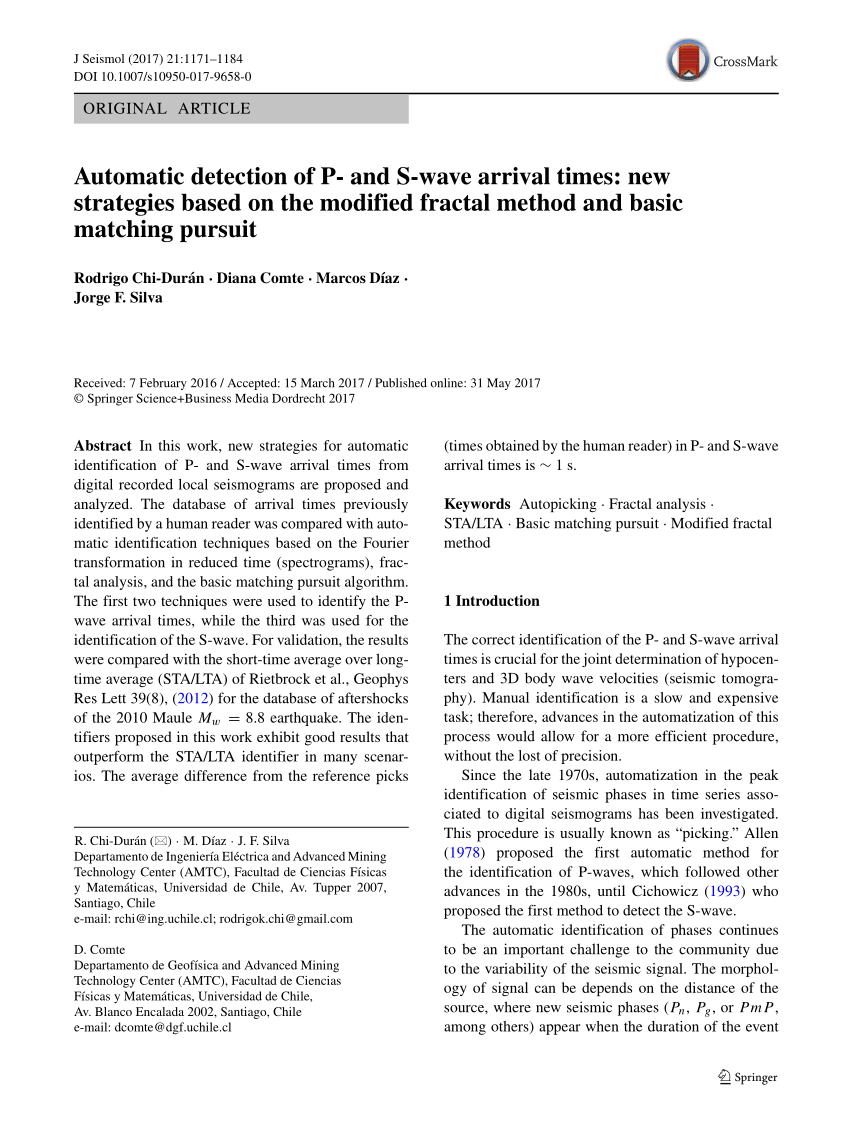 Pdf Automatic Detection Of P And S Wave Arrival Times New Strategies Based On The Modified Fractal Method And Basic Matching Pursuit