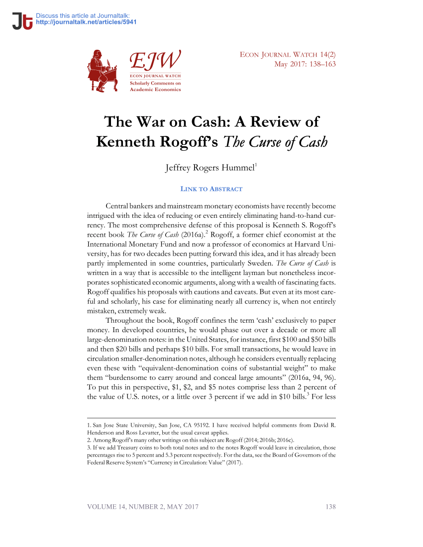 Pdf The War On Cash A Review Of Kenneth Rogoff S The Curse Of Cash