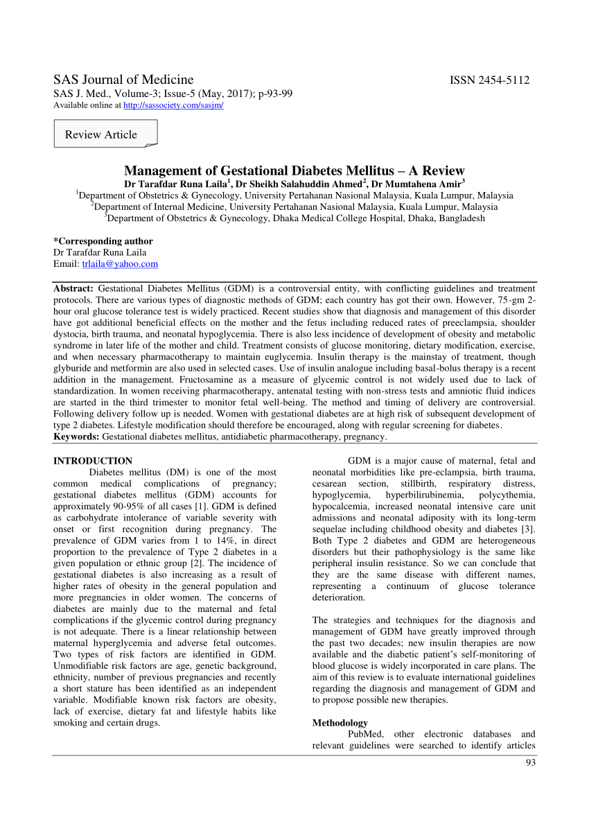 Pdf Management Of Gestational Diabetes Mellitus A Review