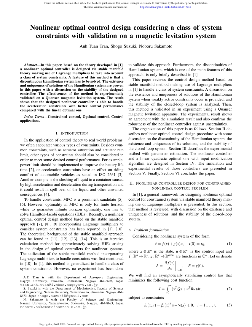 Pdf Nonlinear Optimal Control Design Considering A Class Of System Constraints With Validation On A Magnetic Levitation System