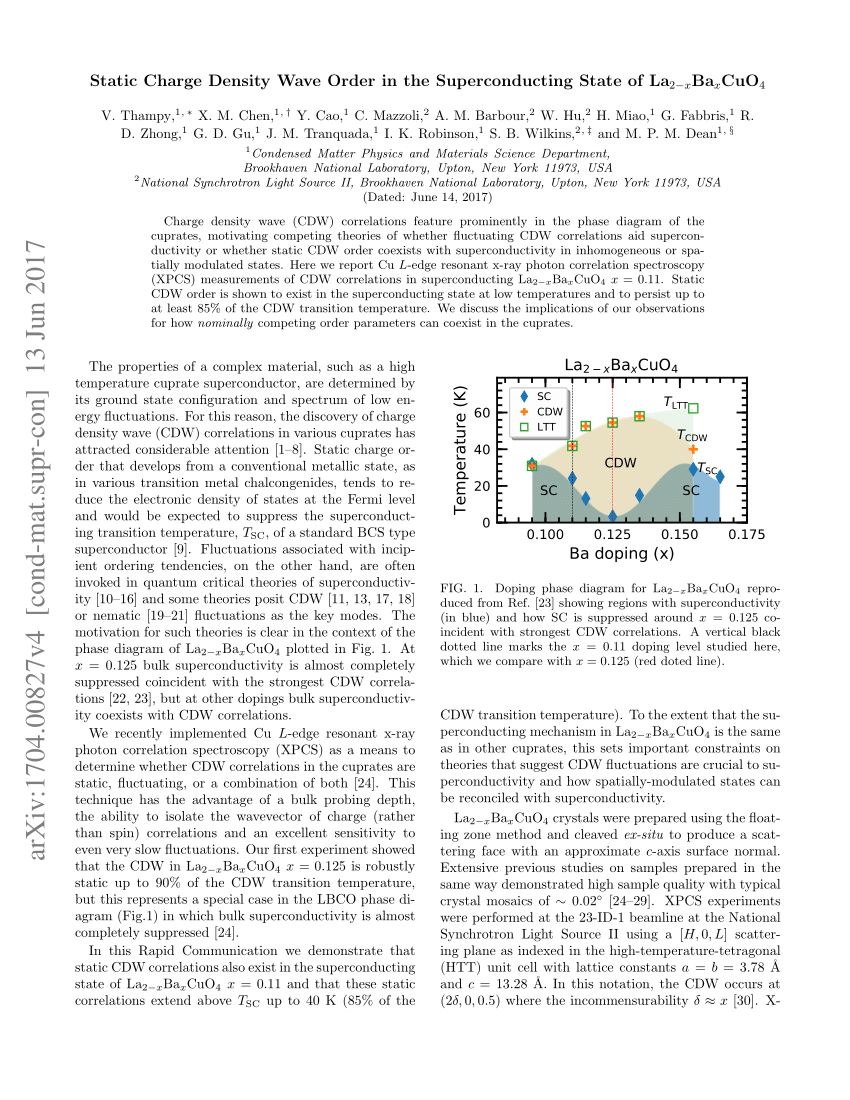 Pdf Static Charge Density Wave Order In The Superconducting State Of La 2 X Ba X Cuo 4
