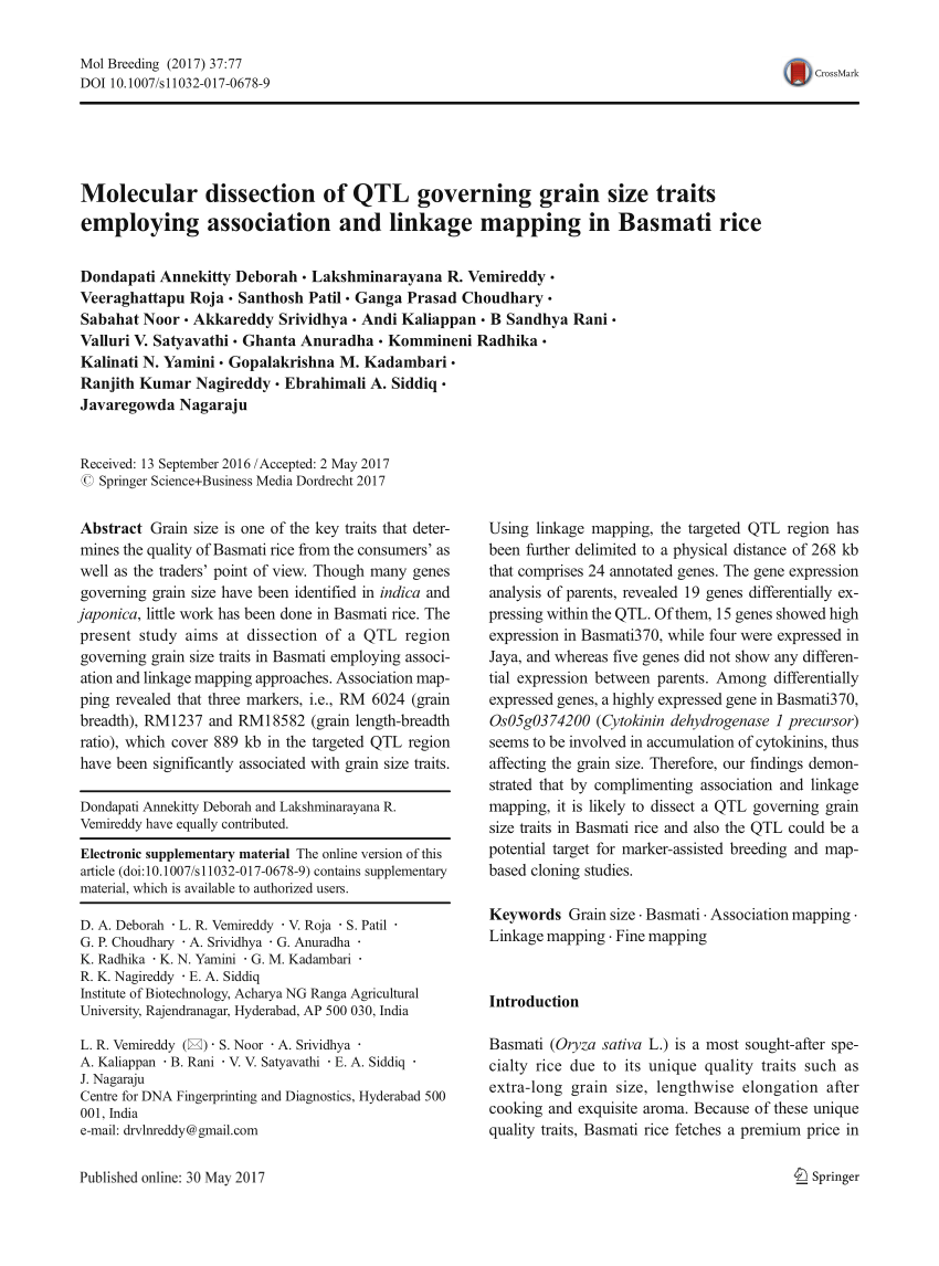 Pdf Molecular Dissection Of Qtl Governing Grain Size Traits Employing Association And Linkage Mapping In Basmati Rice