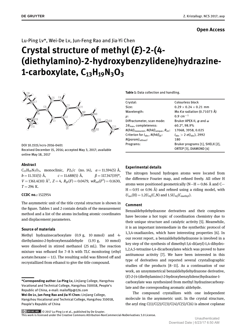 Pdf Crystal Structure Of Methyl E 2 4 Diethylamino 2 Hydroxybenzylidene Hydrazine 1 Carboxylate C13h19n3o3