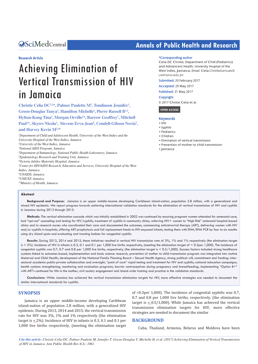 Pdf Achieving Elimination Of Vertical Transmission Of Hiv In Jamaica