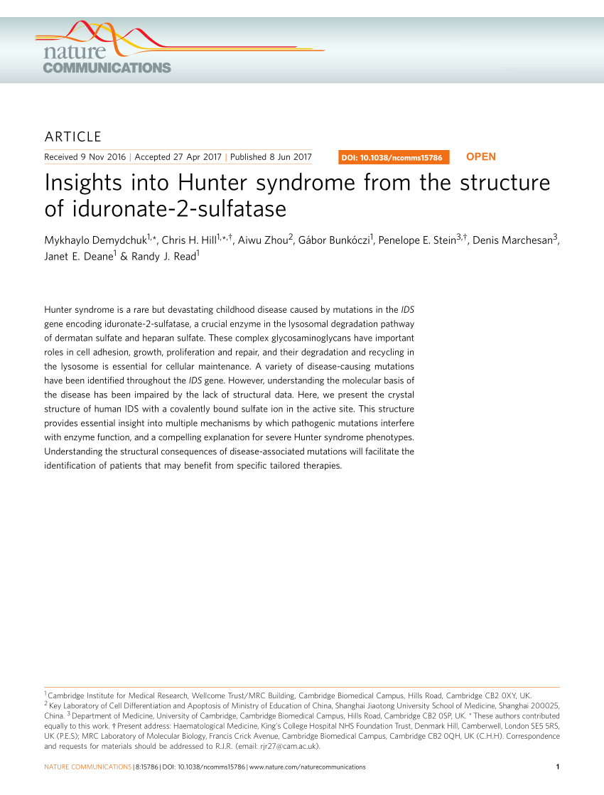 Pdf Insights Into Hunter Syndrome From The Structure Of Iduronate 2 Sulfatase