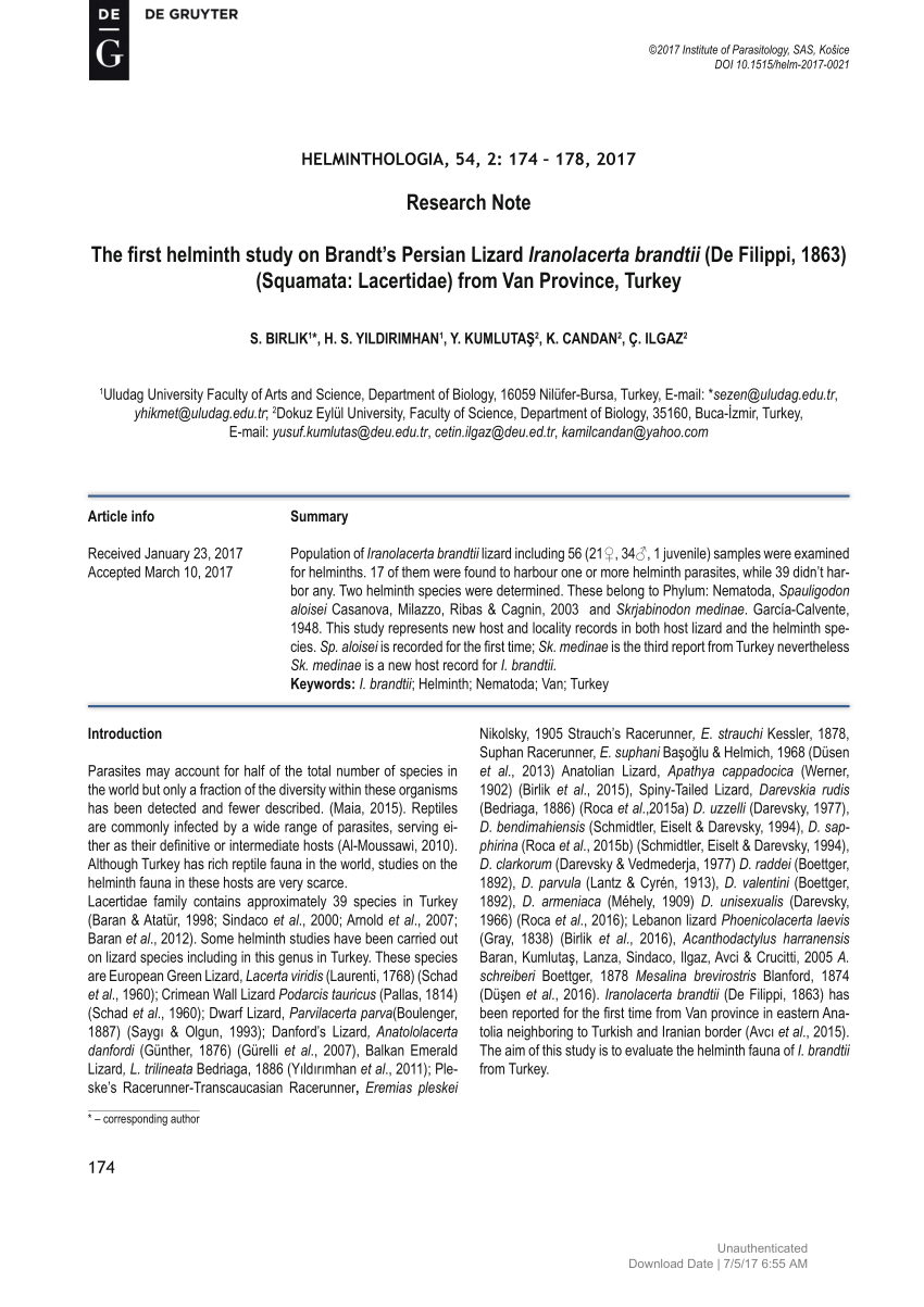 Pdf Research Note The First Helminth Study On Brandt S Persian Lizard Iranolacerta Brandtii De Filippi 1863 Squamata Lacertidae From Van Province Turkey