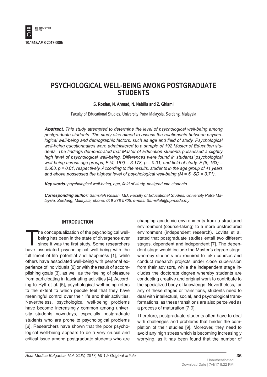 Pdf Psychological Well Being Among Postgraduate Students