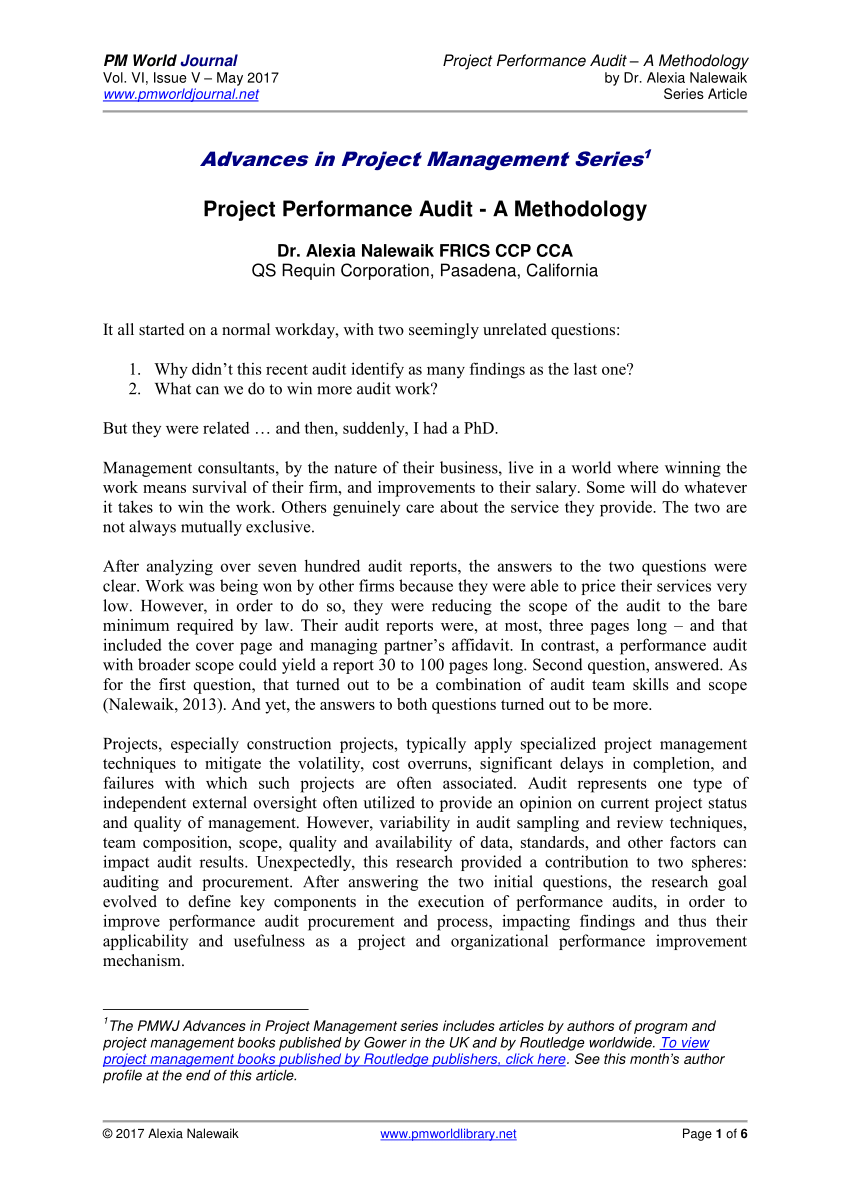 PDF) Project Performance Audit - A Methodology