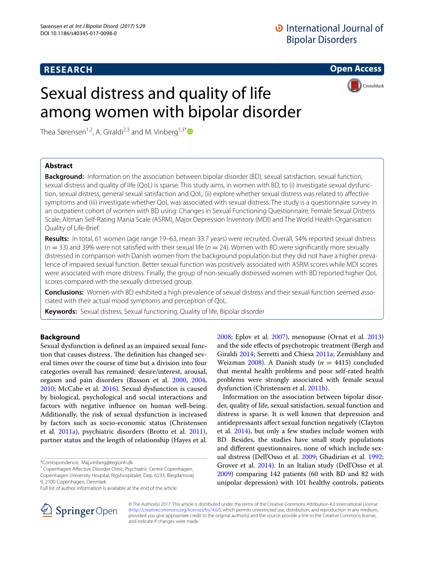 PDF Sexual distress and quality of life among women with bipolar