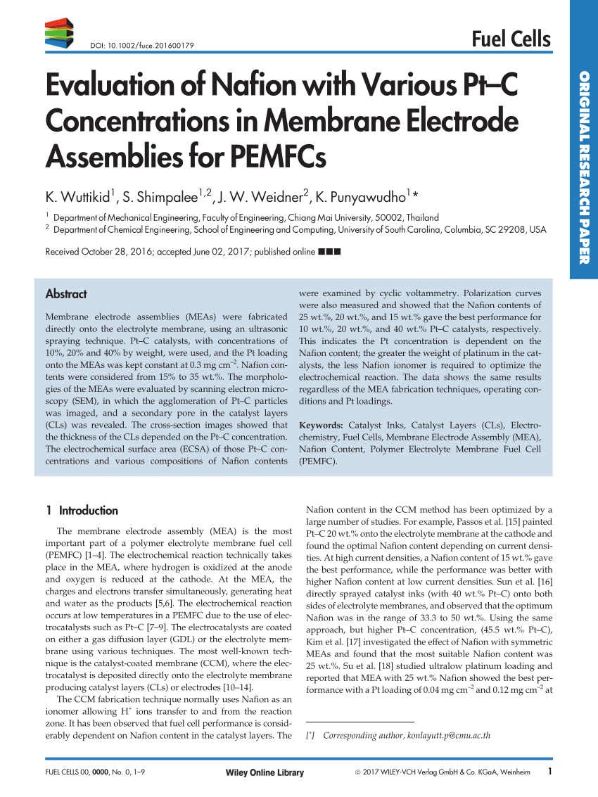 Pdf Evaluation Of Nafion With Various Pt C Concentrations In Membrane Electrode Assemblies For Pemfcs