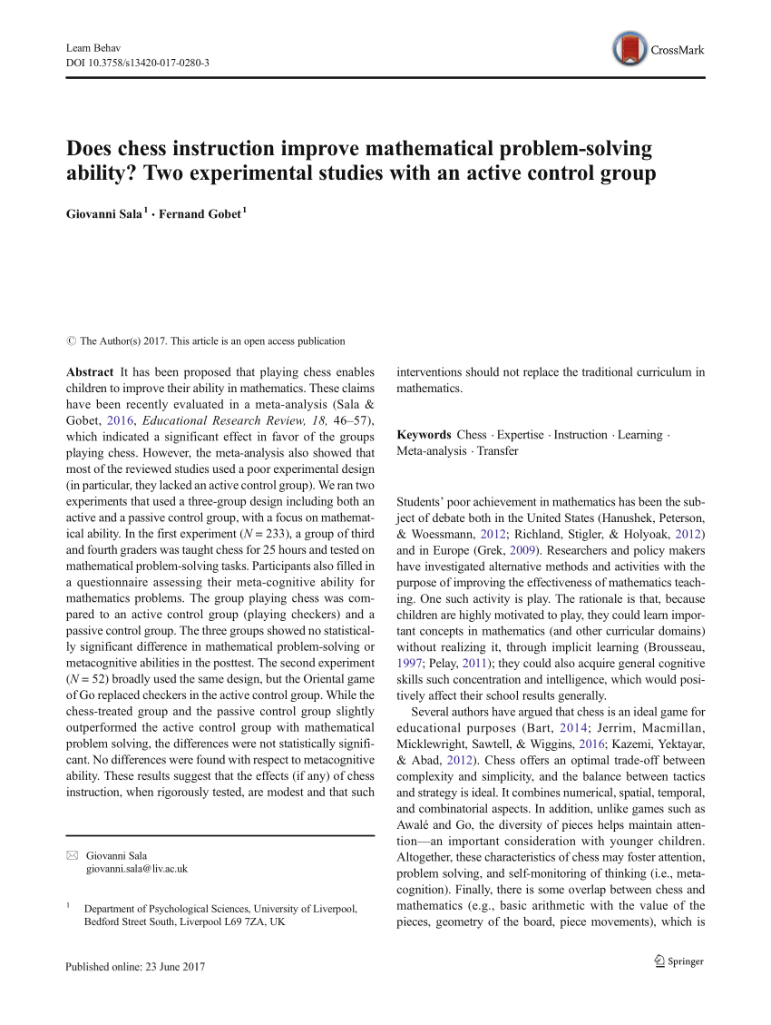 mathematical problem solving abilities and chess an experimental study on young pupils