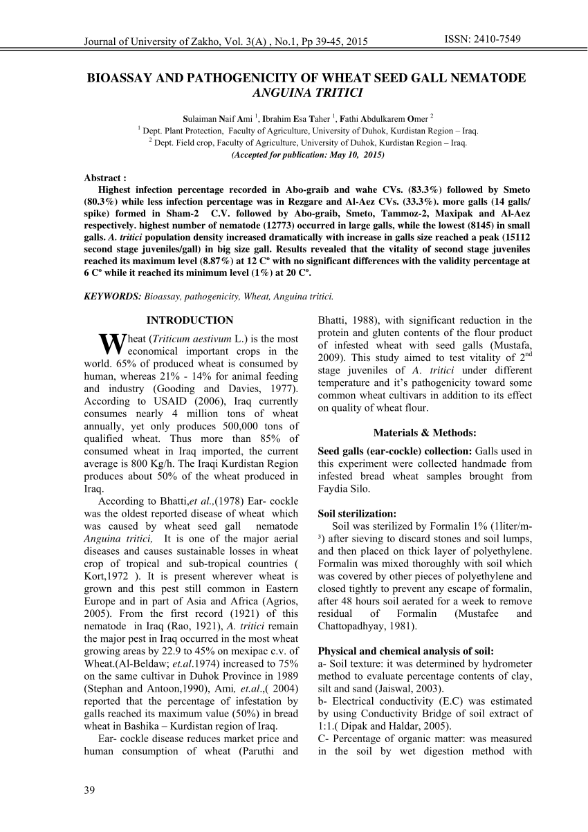 Pdf Bioassay And Pathogenicity Of Wheat Seed Gall Nematode Anguina Tritici